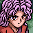 Pixel art character with pink curly hair and red eyes, wearing a red top, next to text reading 'Anime IM' and 'COM' on a black background.