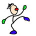 A stick figure with beige head, red mouth, black hair, green hands, and blue feet performs various poses including kicking, crouching, and handstands.