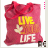 Red tote bag with yellow 'LIVE' text, white 'YOUR LIFE' text, and a small white bird symbol on the front.