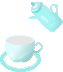 Animated contact sheet showing a sequence of frames where light blue teapots pour brown liquid into matching cups on saucers against a gray background.