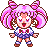 Pixel art character with pink pigtails in various poses and expressions, including standing, dancing, and holding a microphone.