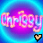 Pixelated text 'Chrissy' in pink and orange gradient with blue circular background, featuring five distinct heart symbols below.