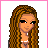 Pixel art of a female character with long brown braided hair, pink top, dark blue pants, and text elements in pink