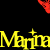 Yellow text reading 'Marina' repeated three times with small plus symbols above each letter, surrounded by red butterflies on a black background.