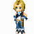 Pixel art character with blonde hair in blue outfit holding a white object, shown in multiple poses with weapon and weapon parts on ground.