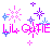 Pixelated animated buddy icon featuring pink text "Lil Cutie" with blue and purple starbursts on gray background, two sampled frames showing slight animation differences in sparkles.
