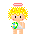 Pixel art animation of a cherub character with blonde hair, pink halo, and white cloth, holding a flower bouquet in various poses across seven frames.