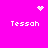 Bright pink background with four white pixelated 'Tessah' text blocks arranged in a , each corner featuring distinct small animated symbols