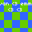Pixelated of blue and green squares with white text 'jan', '(3', 'emm' repeating across two , some squares rotated into diamond shapes
