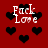 Red background with black heart shapes and white text reading 'Fack Love' in pixelated font, arranged in a pattern