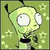 Pixelated green alien character with large eyes and antennae in six distinct poses against varied backgrounds including stars, purple, dark, and colorful patterns.