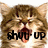 A cat with brown and white fur, mouth open in a meow, overlaid with black text reading 'shut-up' on the left side.