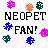 Pixelated digital artwork featuring 'NEOPET FAN!' text and multiple character icons in a with blue, purple, pink, orange, green, red, yellow, and brown elements