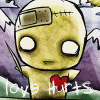 Animated icon of a yellow cartoon figure with a bandaged head, holding a red heart, against a purple mountain background with white text reading "love hurts love".