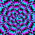 A static pixelated pattern of cyan and magenta shapes with black outlines forming a repeating abstract design.
