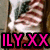 A pixelated image of a person's lower body in striped pants and white shoes, with pink text reading ILY.XX overlaid on the bottom.