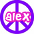 Three circular peace sign icons with the text 'alex' in different colors and styles arranged in a pattern