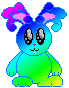 Pixelated cartoon character with blue-green gradient body, pink nose, and purple-pink-blue ears; left eye closed in one view, both eyes open in the other.