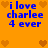 Pixelated orange background with blue text reading "i love charlee 4 ever" and brown heart symbols in a pattern