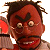 Pixelated static image of a cartoon character with exaggerated facial features holding an orange object near their face.