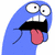 Blue cartoon character with wide eyes, open mouth, and tongue sticking out on white background.
