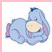 Two static frames of a pixelated cartoon donkey character in light blue with pink inner ears and tail, shown lying down on the left frame and sitting upright on the right frame against white backgrounds within a pink border.