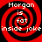 Red and black spiral background with white text reading "Morgan is fat inside joke" repeated in four quadrants.