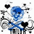 Pixelated blue skull with black eyes and mouth, surrounded by black hearts and gray splatter, with 'TAYLOR' text below on white background.