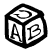 Black and white pixelated cube with stylized 'A' and 'B' symbols on adjacent faces, top face shows abstract curved line pattern.