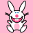 Pixelated cartoon bunny with pink background, white body, black outlines, blue eyes, and a wide pink mouth showing teeth.