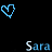 Pixelated heart icons in blue and green with the name 'Sara' displayed multiple times on a black background.