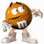 Brown spherical character with white eyes, black eyebrows, and a curved mouth stands in profile against white background.