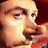 Pixelated close-up of a person's face with blue eyes and light skin, next to stylized text on a dark red background.