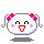 A 4x3 grid of pixel art frames showing a white rounded character with pink hair accessories and blush, displaying various facial expressions and small floating objects across the animation sequence.