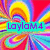 A vibrant, swirling abstract pattern with rainbow-colored lines radiating from a central point on a red background.