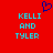 Red background with cyan text reading "KELLI AND TYLER" in two identical , a blue pixelated heart symbol above the left
