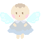 Two pixelated angel figures with light blue wings and dresses, one standing upright with arms at sides, the other bowing forward with hands clasped.