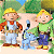 Pixelated cartoon scene with three characters and a blue dog-like creature on the left, next to green text reading "Original Icons .com" on a dark green background.