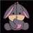 Pixelated cartoon character with gray body and pink inner ears sits against black background, next to purple with pixel text