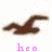 A pixelated brown shape resembling a stylized animal or creature with a curved body and tail, set against a white background with scattered pink and beige pixels, with pink text 'heo' below.