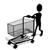 Black silhouette figure pushing transparent shopping cart on gray background, with visible wheel and handle details.