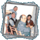 Six of a group scene showing people in various poses and interactions, with one person holding a red object