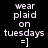A static image displays text 'wear plaid on tuesdays =]' with blue highlight bars over different words across four