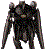 Pixelated figure with dark body, multicolored accents, and two light circular eyes on a gray background.