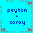 Pixelated blue background with red decorative borders and repeated text "peyton + corey" in dark blue font.