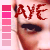 repeated red 'AYE' text over a partial face with dark eyes and pink vertical bars on the left