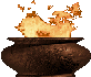 Four of a pixelated fire animation in a dark brown pot against a light gray background