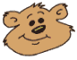 Three cartoon bear heads with brown fur, black eyes, and green noses display different expressions against a gray background.