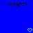 Blue background with black pixelated text 'Shoylos' at top left and top right, two light blue pixelated hearts at bottom center and bottom right.