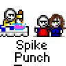 A 4x3 contact sheet of pixel art frames showing a cartoon animation sequence with two characters at a table, where one character repeatedly punches the other's face while text below reads "Spike Punch" in each frame.